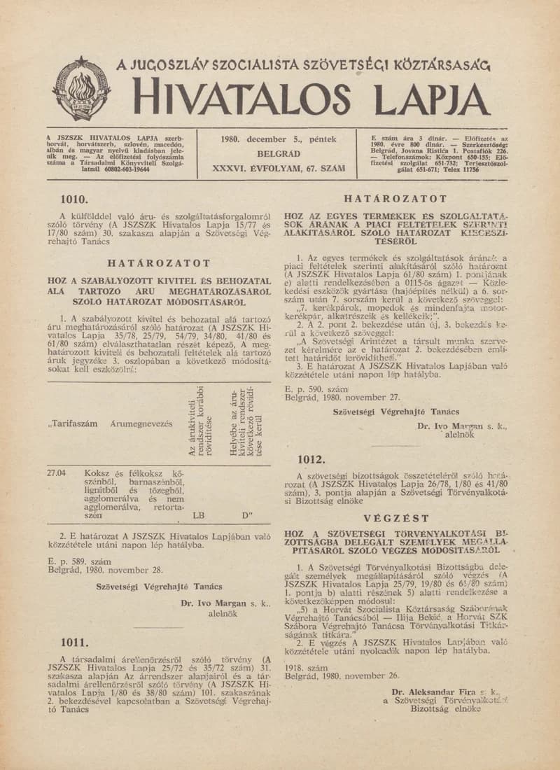 A Jugoszláv Szocialista Szövetségi Köztársaság Hivatalos Lapja, 36. évf. 1980. december 5. 67. sz. 1929–1936. oldal