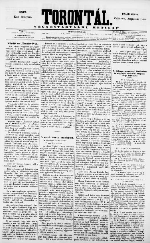 Torontál, 1. évf. 1872. augusztus 1. 18. sz.