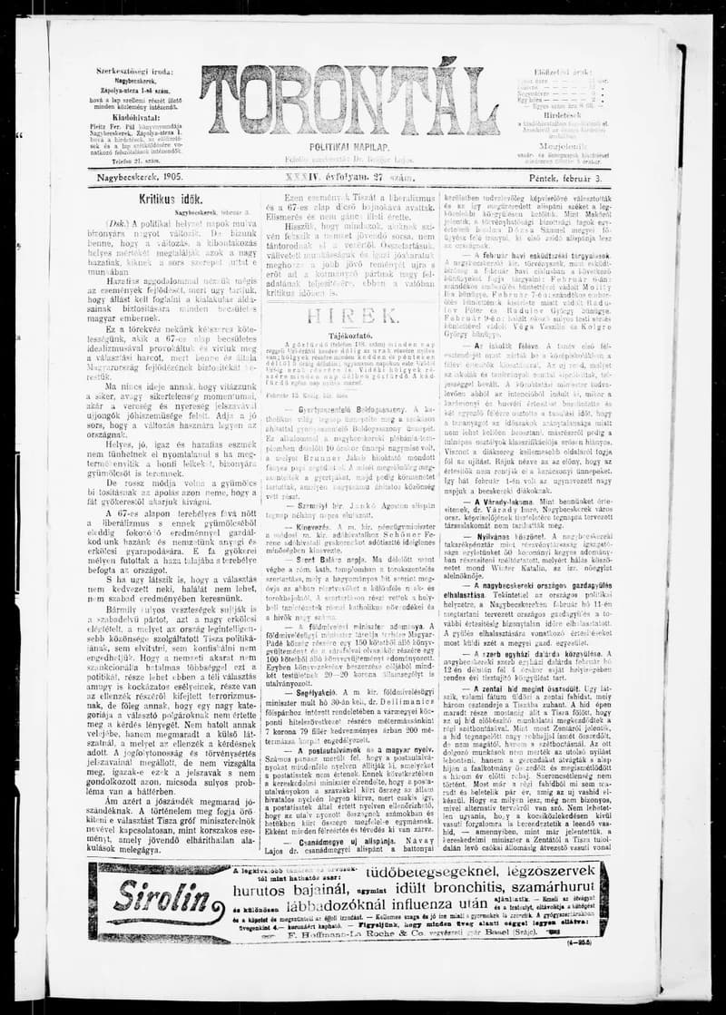 Torontál, 34. évf. 1905. február 3. 27. sz.
