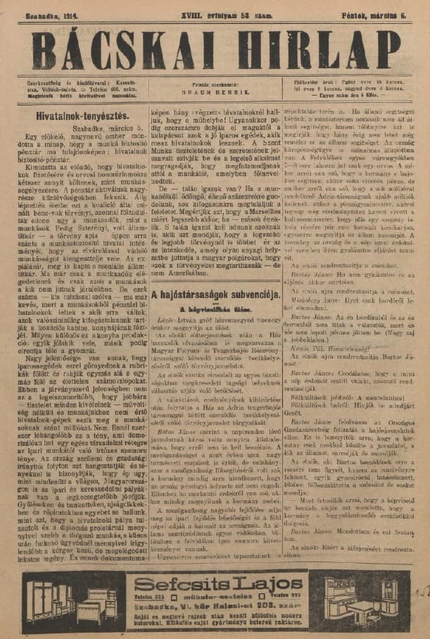 Bácskai Hirlap, 18. évf. 1914. március 6. 53. sz.
