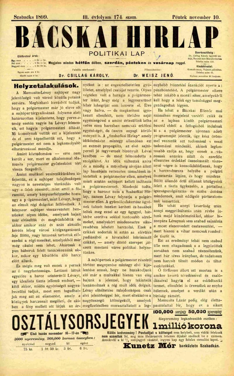 Bácskai Hirlap, 3. évf. 1899. november 10. 174. sz.