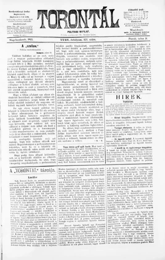 Torontál, 32. évf. 1903. július 31. 172. sz.
