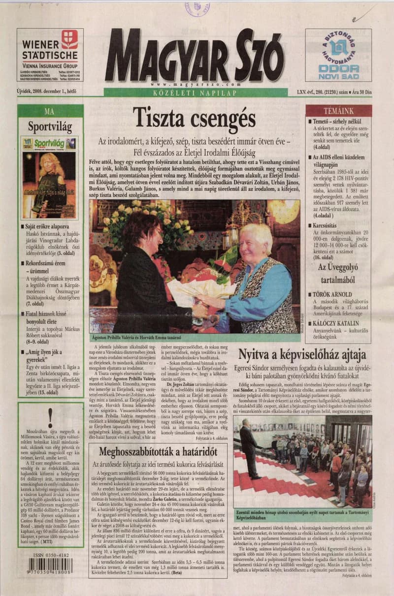 Magyar Szó, 65. évf. 2008. december 1. 280. sz. 1–16. oldal