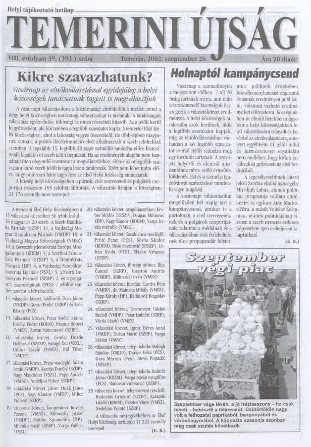 Temerini Újság, 8. évf. 2002. szeptember 26. 39. sz.