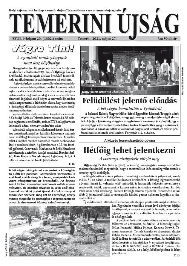 Temerini Újság, 27. évf. 2021. május 27. 20. sz.