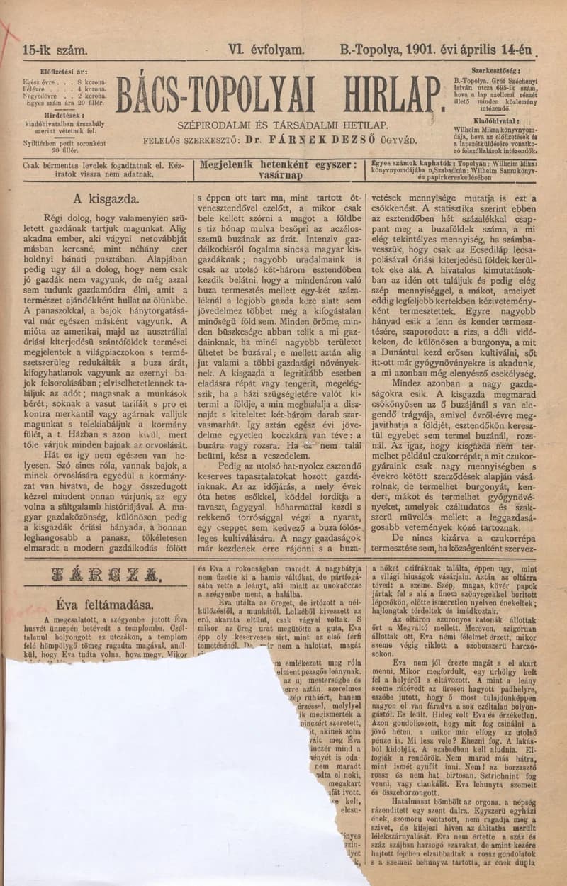 Bács-Topolyai Hirlap, 6. évf. 1901. április 14. 15. sz.
