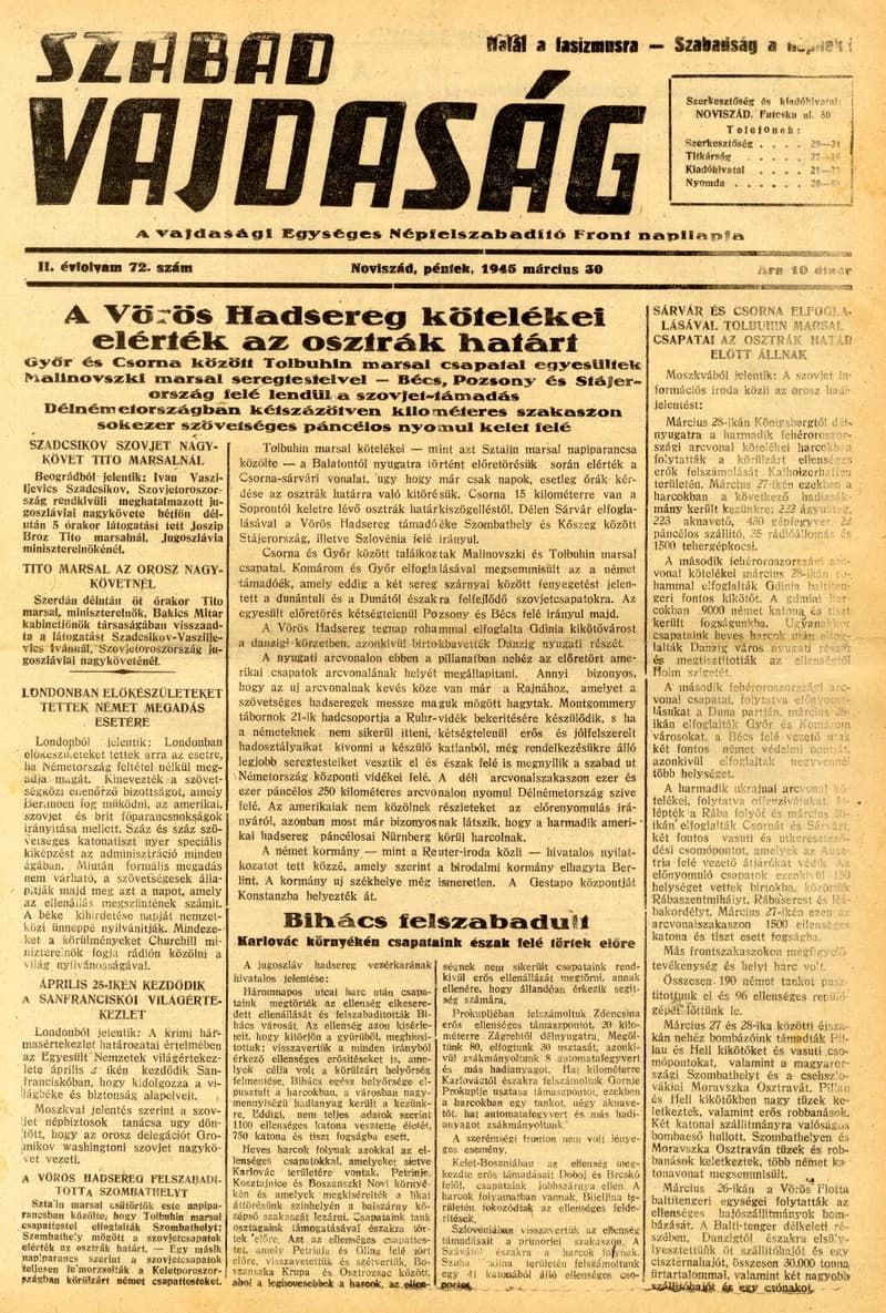 Szabad Vajdaság, 2. évf. 1945. március 30. 72. sz.