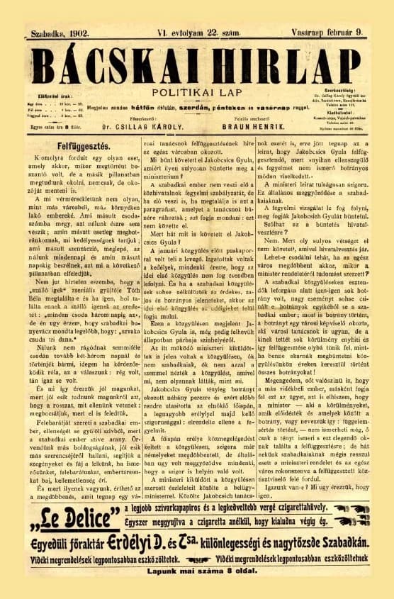 Bácskai Hirlap, 6. évf. 1902. február 9. 22. sz.
