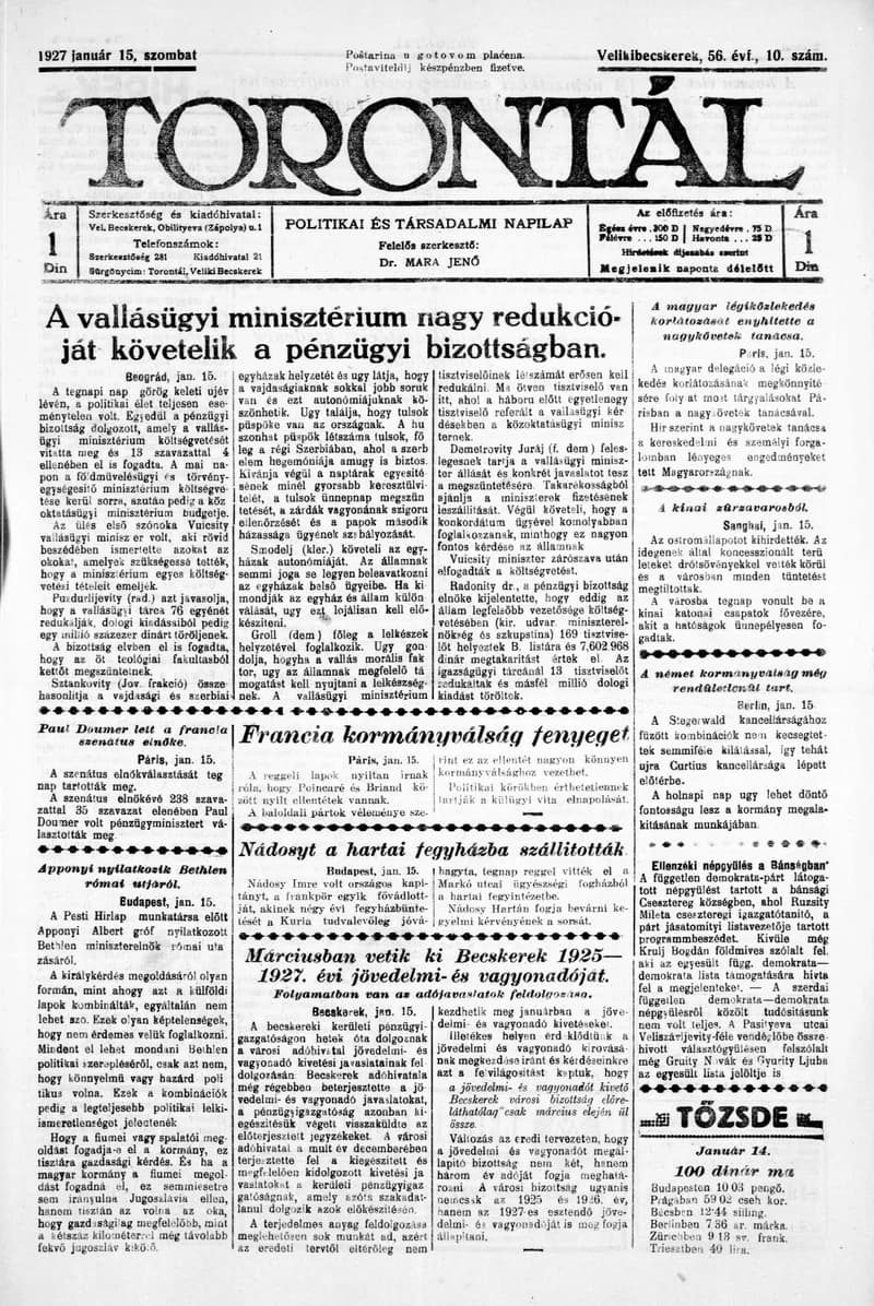 Torontál, 56. évf. 1927. január 15. 10. sz.