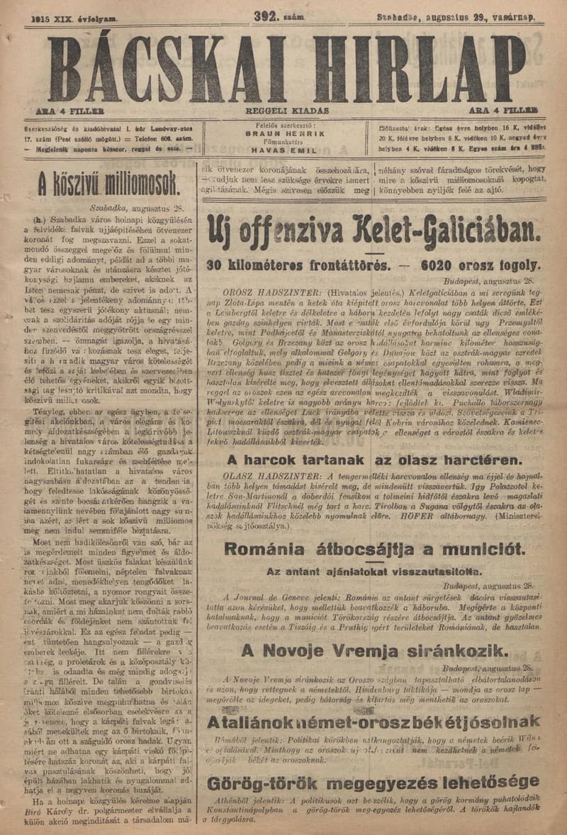 Bácskai Hirlap, 19. évf. 1915. augusztus 29. 392. sz.