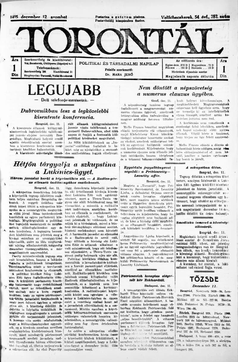 Torontál, 54. évf. 1925. december 12. 282. sz.