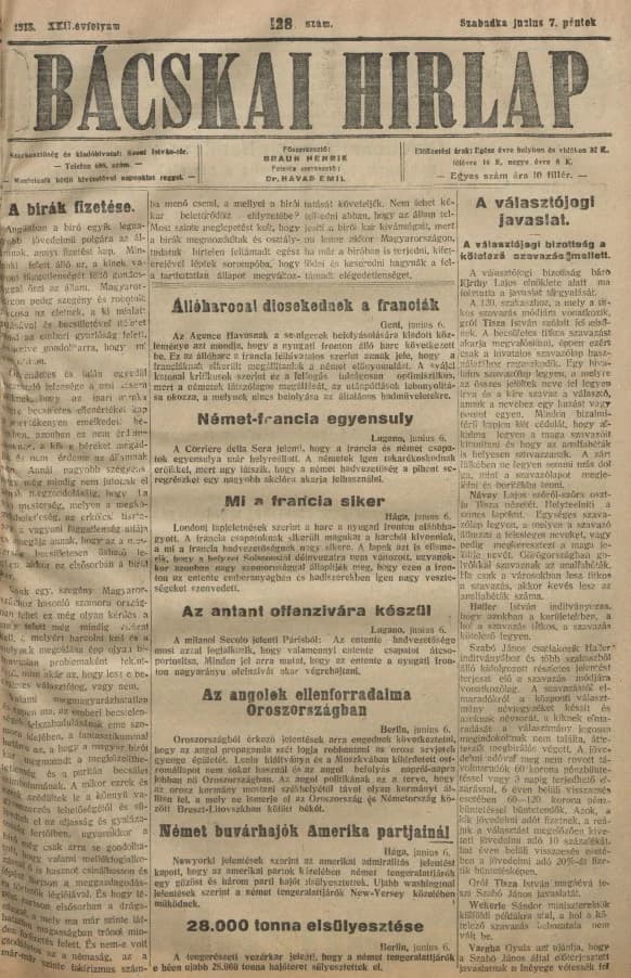 Bácskai Hirlap, 22. évf. 1918. június 7. 128. sz.