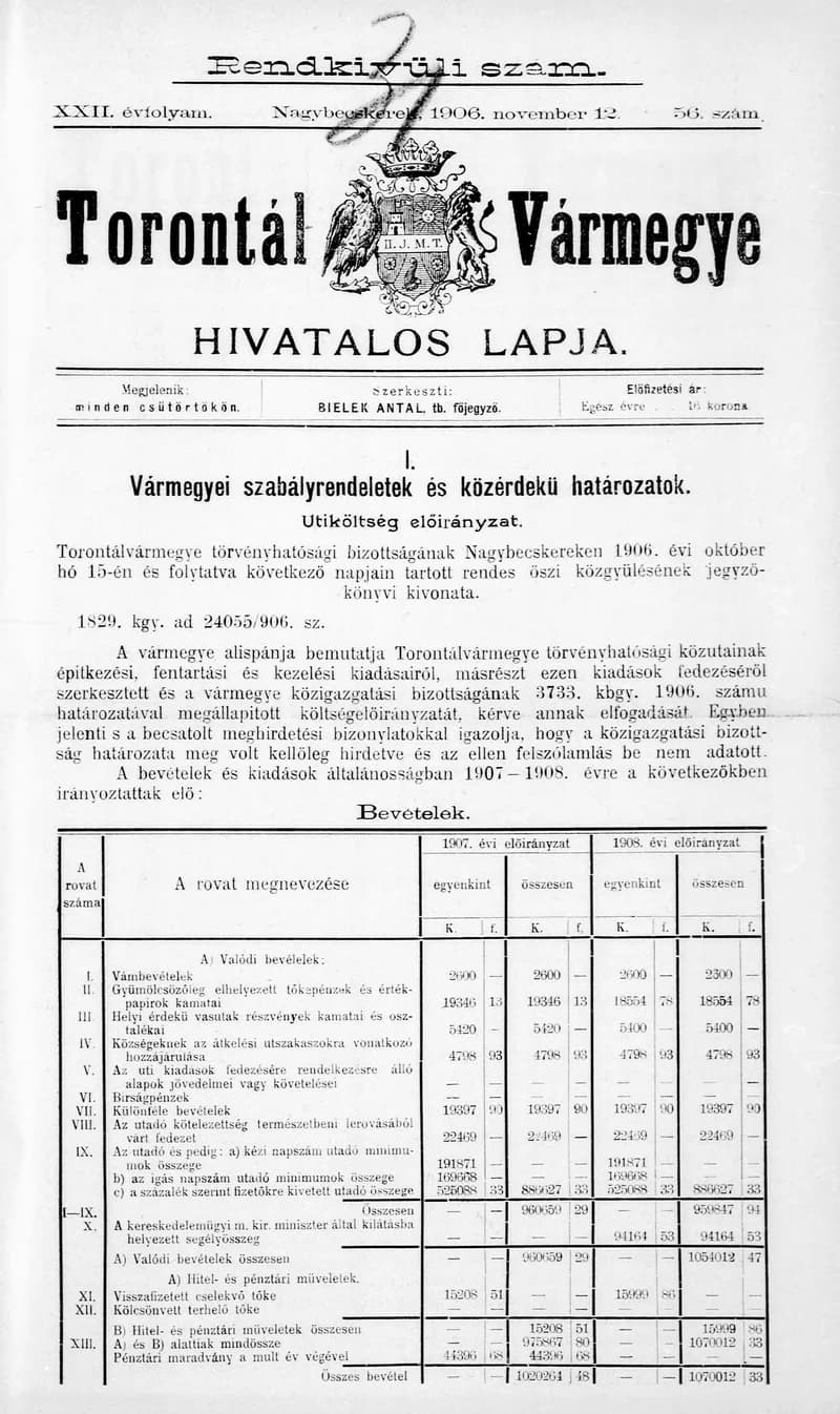 Torontál Vármegye Hivatalos Lapja, 22. évf. 1906. november 12. 56. sz.