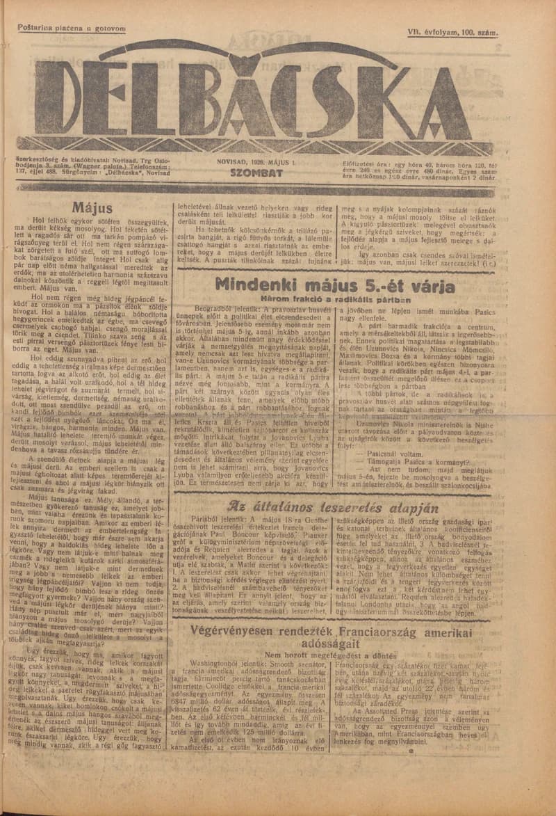 Délbácska, 7. évf. 1926. május 1. 100. sz.