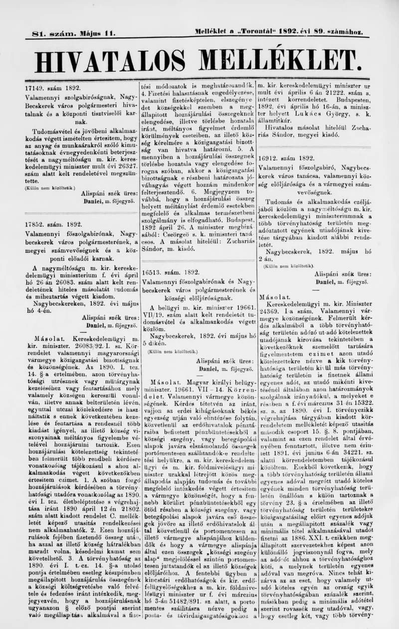 A Totontál  hivatalos melléklete, 5. évf. 1892. május 11. 81. sz.