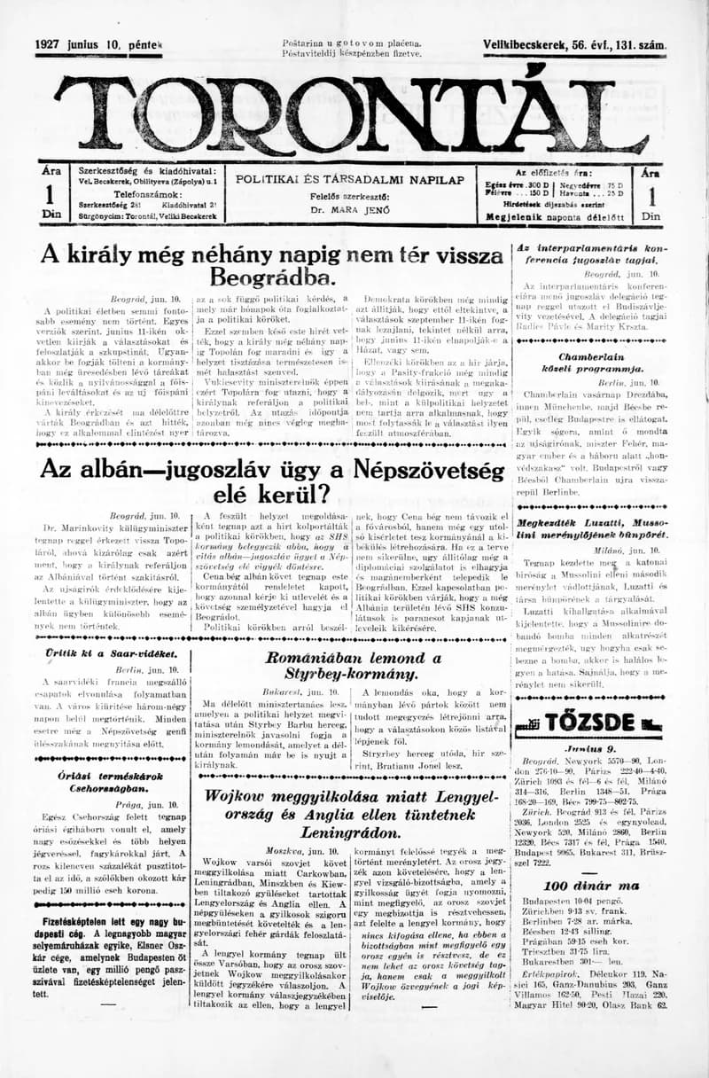 Torontál, 56. évf. 1927. június 10. 131. sz.