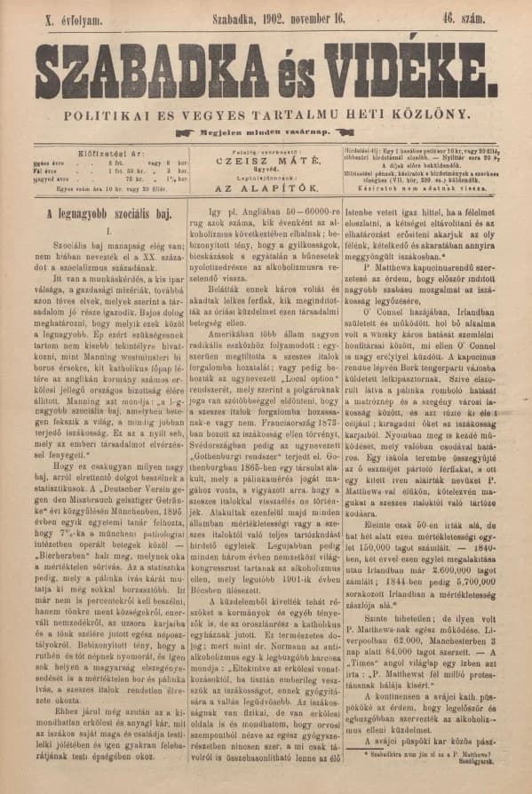 Szabadka és vidéke II, 10. évf. 1902. november 16. 46. sz.