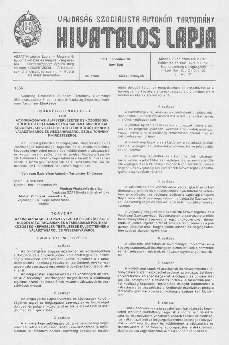 Vajdaság Szocialista Autonóm Tartomány Hivatalos Lapja, 37. évf. 1981. december 30. 34. sz.