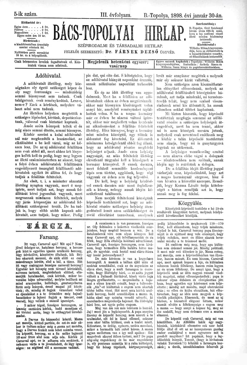 Bács-Topolyai Hirlap, 3. évf. 1898. január 30. 5. sz.