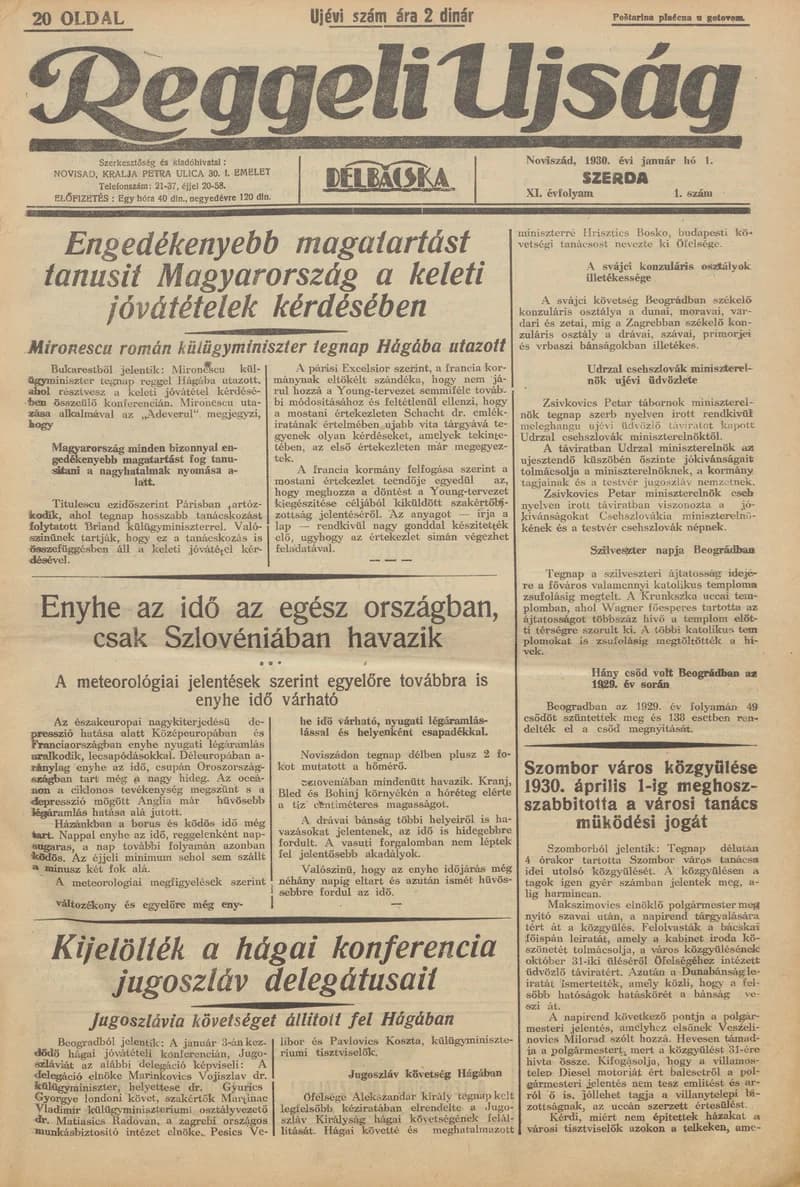 Reggeli Újság, 11. évf. 1930. január 1. 1. sz.