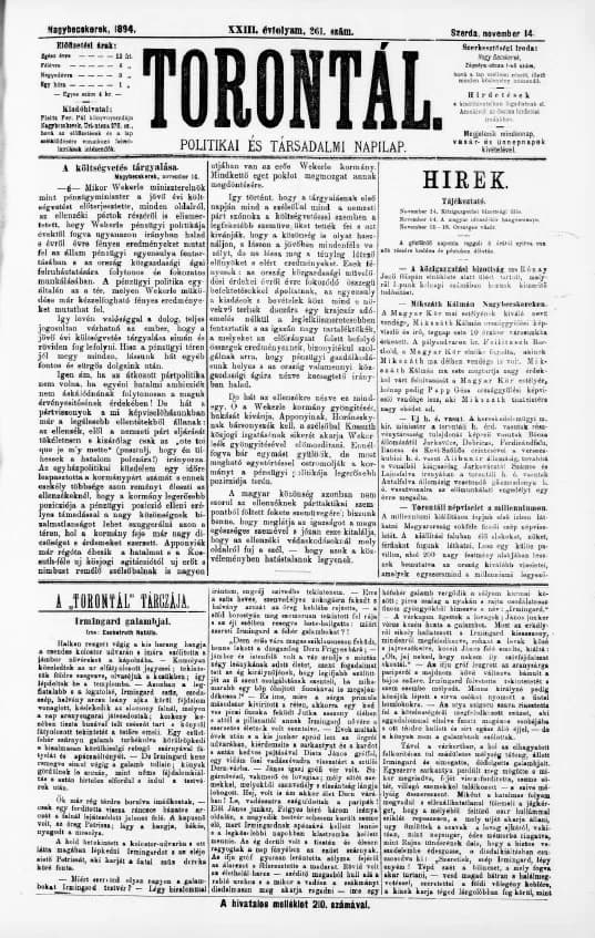 Torontál, 23. évf. 1894. november 14. 261. sz.