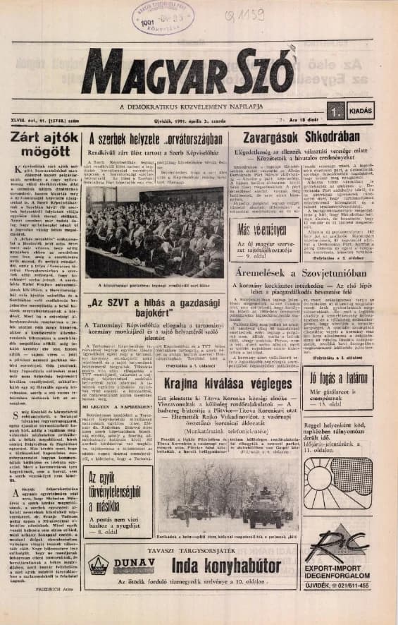 Magyar Szó, 48. évf. 1991. április 3. 91. sz. 1–20. oldal