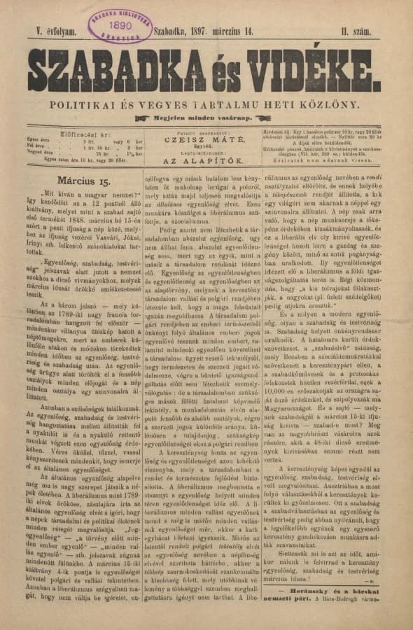 Szabadka és vidéke II, 5. évf. 1897. március 14. 11. sz.