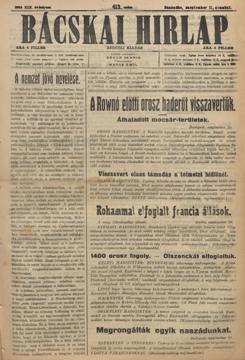 Bácskai Hirlap, 19. évf. 1915. szeptember 11. 412. sz.
