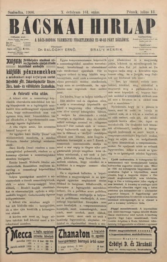 Bácskai Hirlap, 10. évf. 1906. július 13. 161. sz.