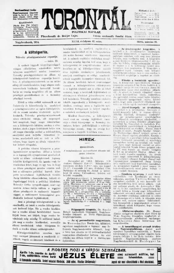 Torontál, 43. évf. 1914. március 23. 67. sz.