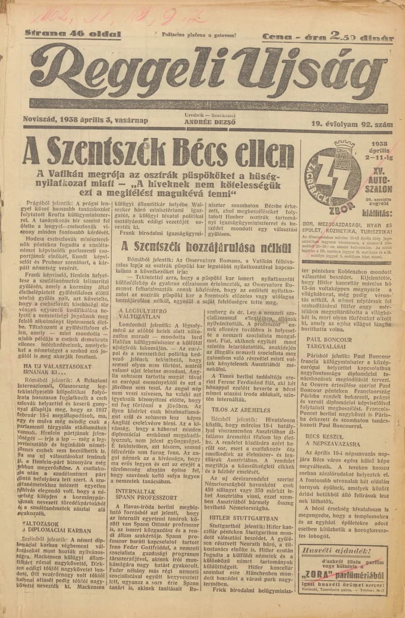 Reggeli Újság, 19. évf. 1938. április 3. 92. sz.