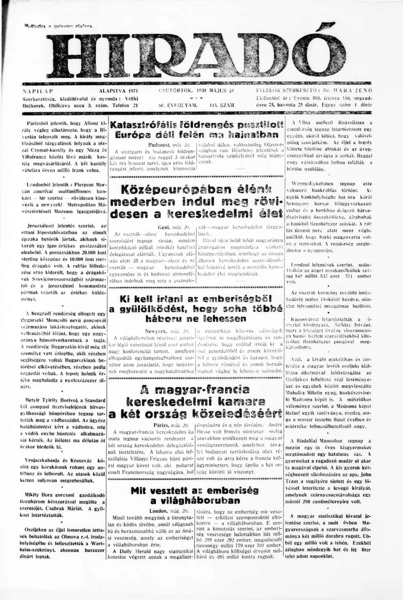 Híradó, 60. évf. 1931. május 21. 115. sz.