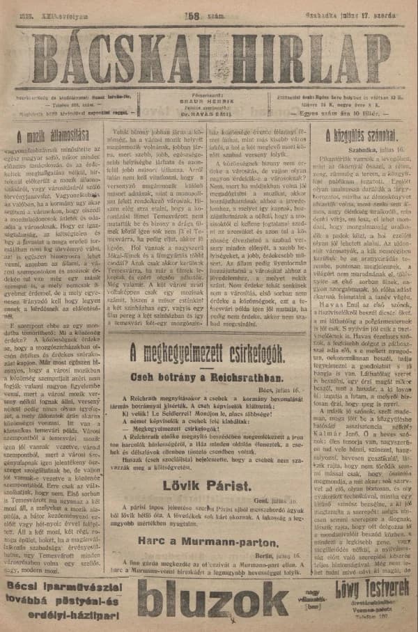 Bácskai Hirlap, 22. évf. 1918. július 17. 158. sz.