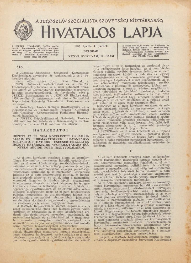 A Jugoszláv Szocialista Szövetségi Köztársaság Hivatalos Lapja, 36. évf. 1980. április 4. 17. sz. 721–748. oldal