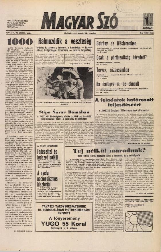 Magyar Szó, 46. évf. 1989. március 18. 74. sz. 1–24. oldal