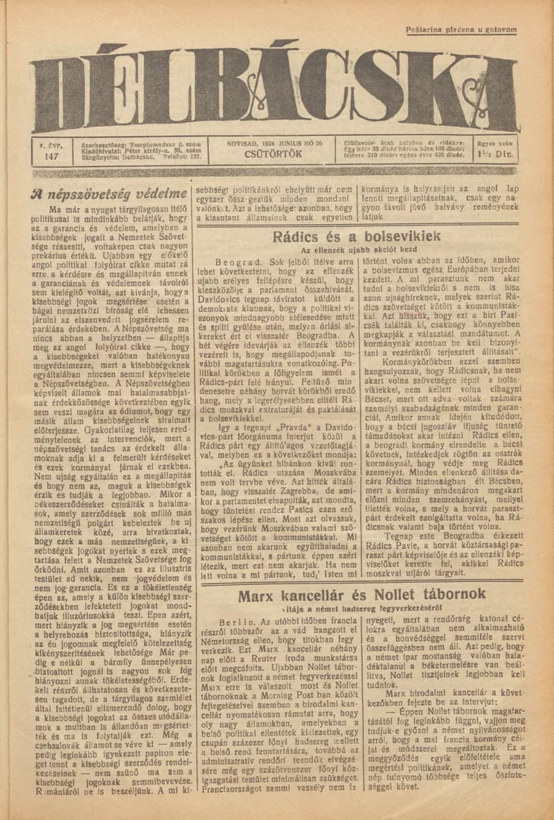 Délbácska, 5. évf. 1924. június 26. 147. sz.