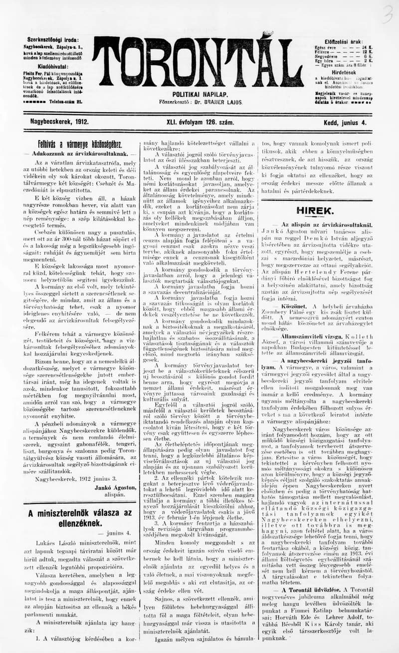 Torontál, 41. évf. 1912. június 4. 126. sz.