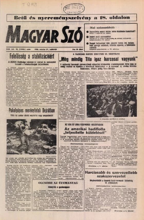 Magyar Szó, 43. évf. 1986. március 27. 84. sz. 1–20. oldal