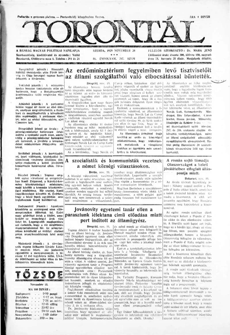 Torontál, 58. évf. 1929. november 20. 267. sz.