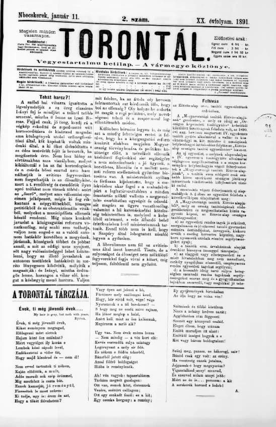 Torontál, 20. évf. 1891. január 11. 2. sz.