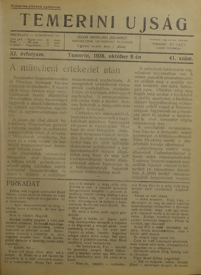 Temerini Újság 1928-1944, 11. évf. 1938. október 9. 41. sz.