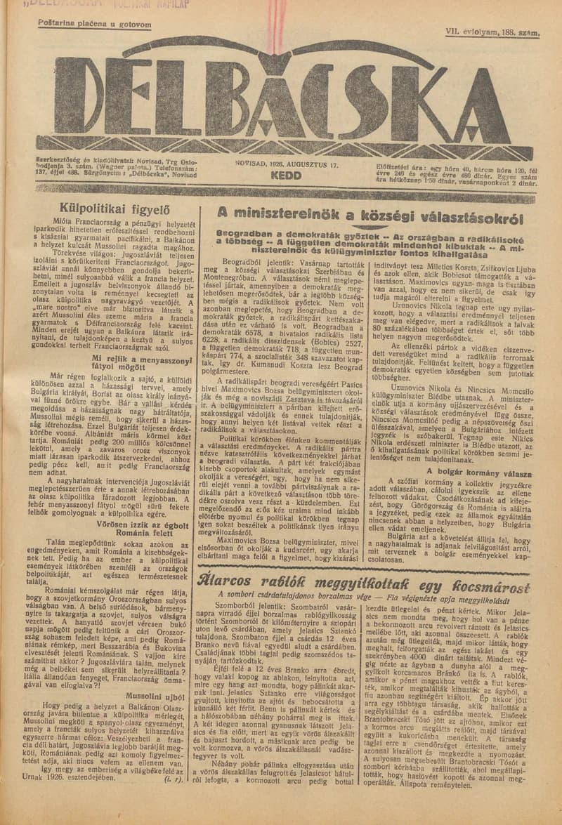 Délbácska, 7. évf. 1926. augusztus 17. 188. sz.