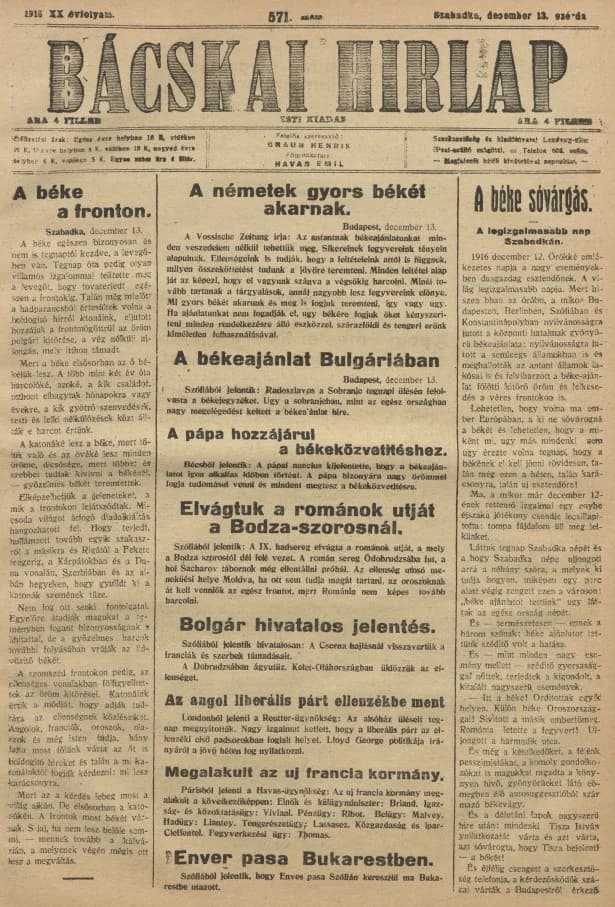 Bácskai Hirlap, 20. évf. 1916. december 13. 571. sz.