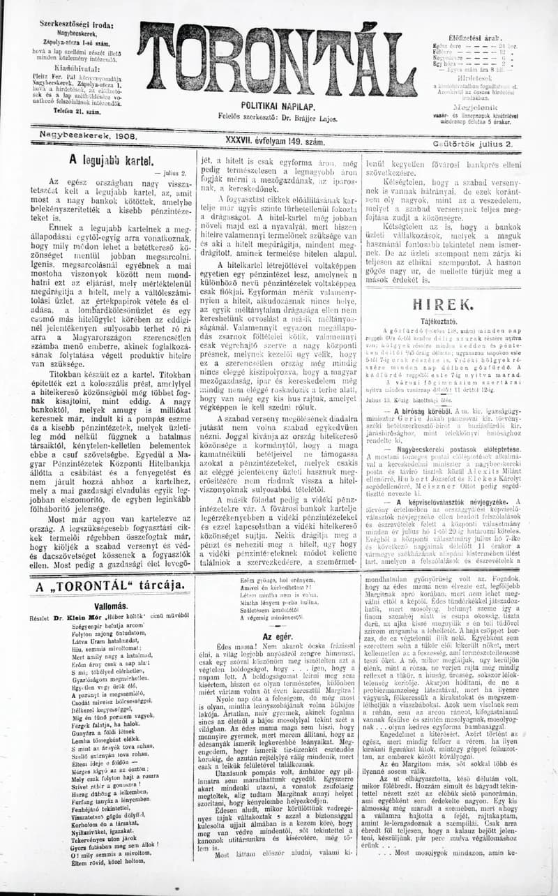 Torontál, 37. évf. 1908. július 2. 149. sz.
