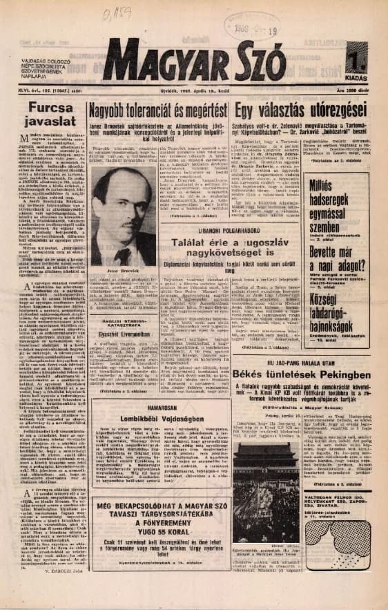 Magyar Szó, 46. évf. 1989. április 18. 105. sz. 1–20. oldal