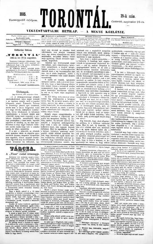 Torontál, 14. évf. 1885. szeptember 24. 39. sz.