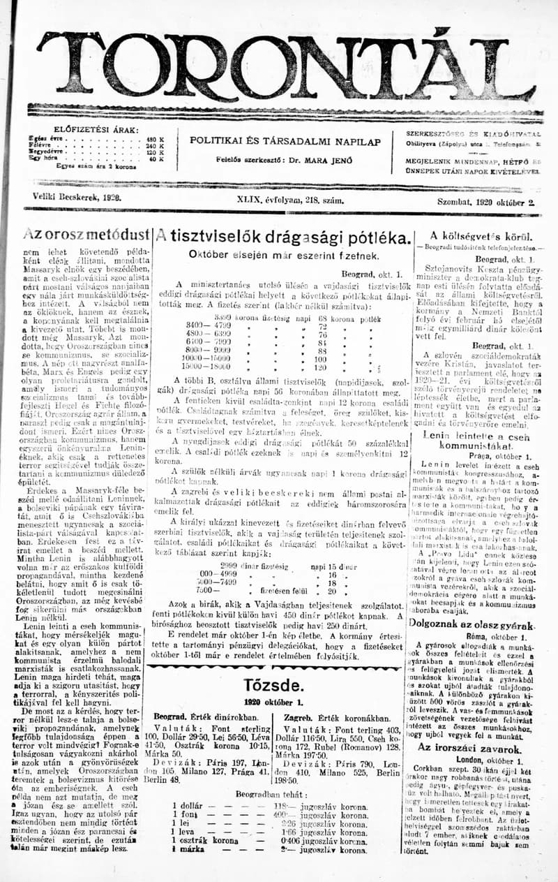 Torontál, 49. évf. 1920. október 2. 218. sz.
