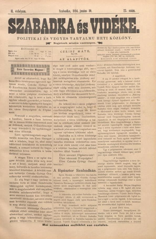 Szabadka és vidéke II, 2. évf. 1894. június 10. 23. sz.