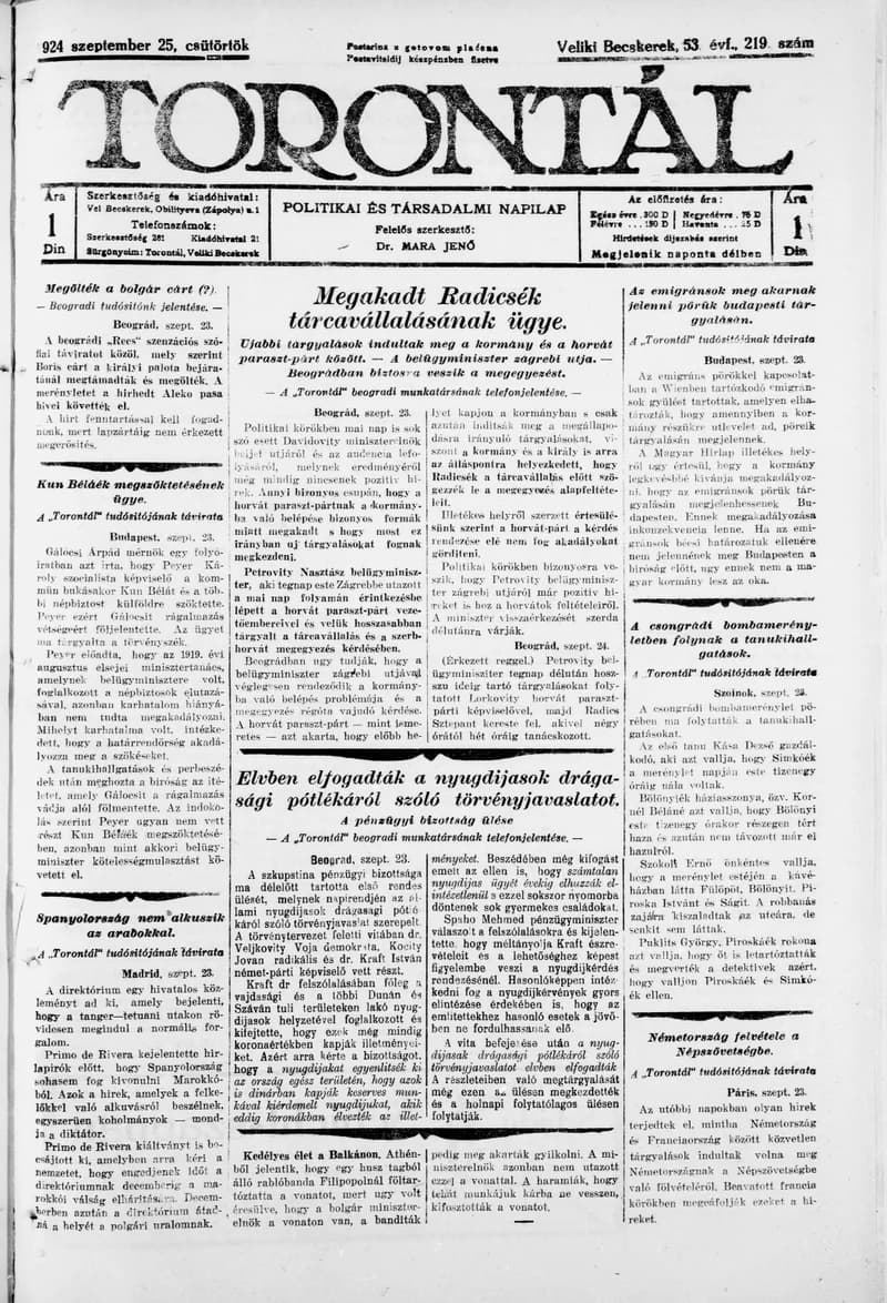 Torontál, 53. évf. 1924. szeptember 25. 219. sz.
