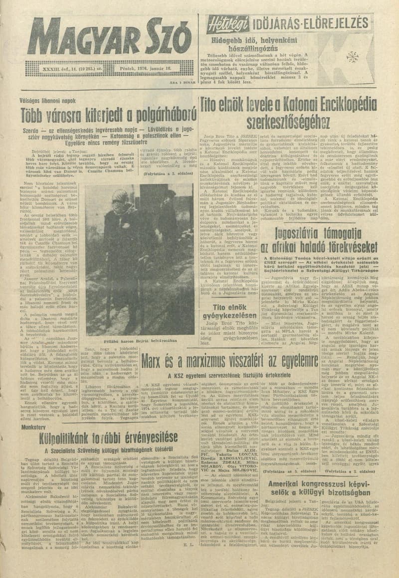 Magyar Szó, 33. évf. 1976. január 16. 14. sz. 1–16. oldal